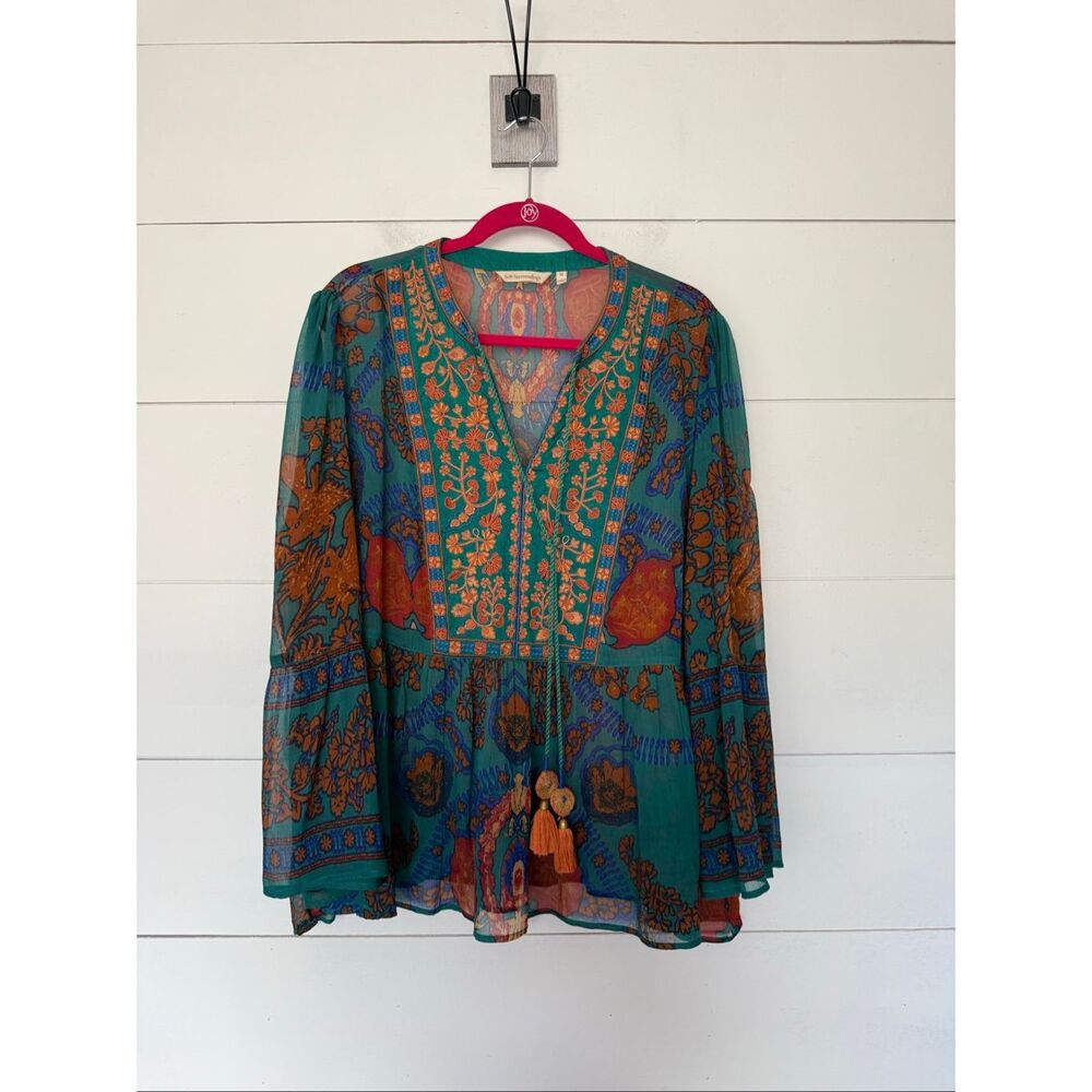 Soft Surroundings Women’s 2X Blue Brown Boho Peasant Tassel Blouse - Picture 1 of 5